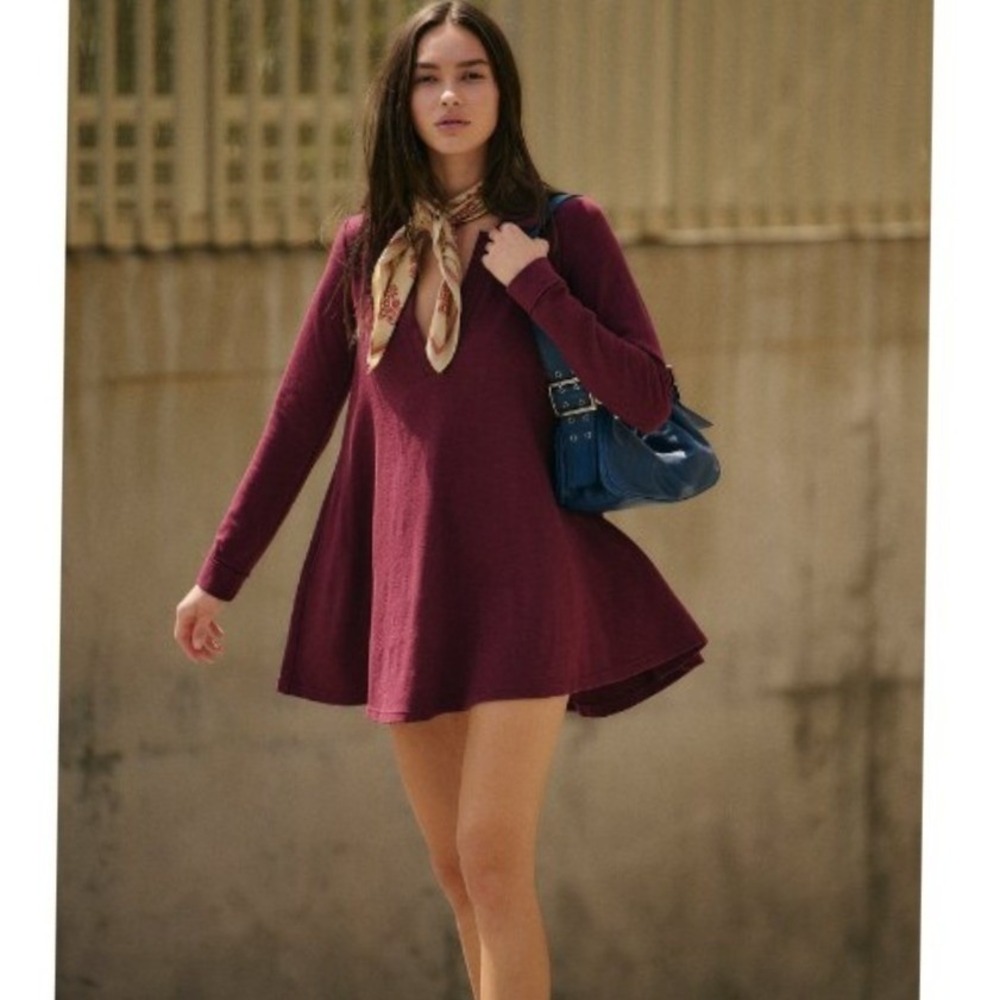 Free People Free-Est Cass Burgundy Long Sleeve V-Neck Mini Dress Pockets XS
